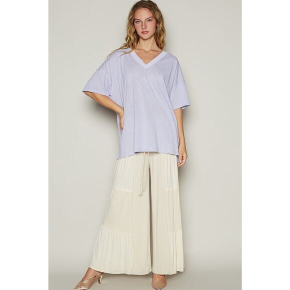 POL V-Neckline Short Sleeves Roomy Fit Stone Washed Knit T-Shirt | Lilac - Picture 6 of 6